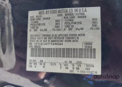 2001 Ford Ranger Edge/Xl/Xlt из США, поврежденный, VIN 1FTYR14V71TA90364